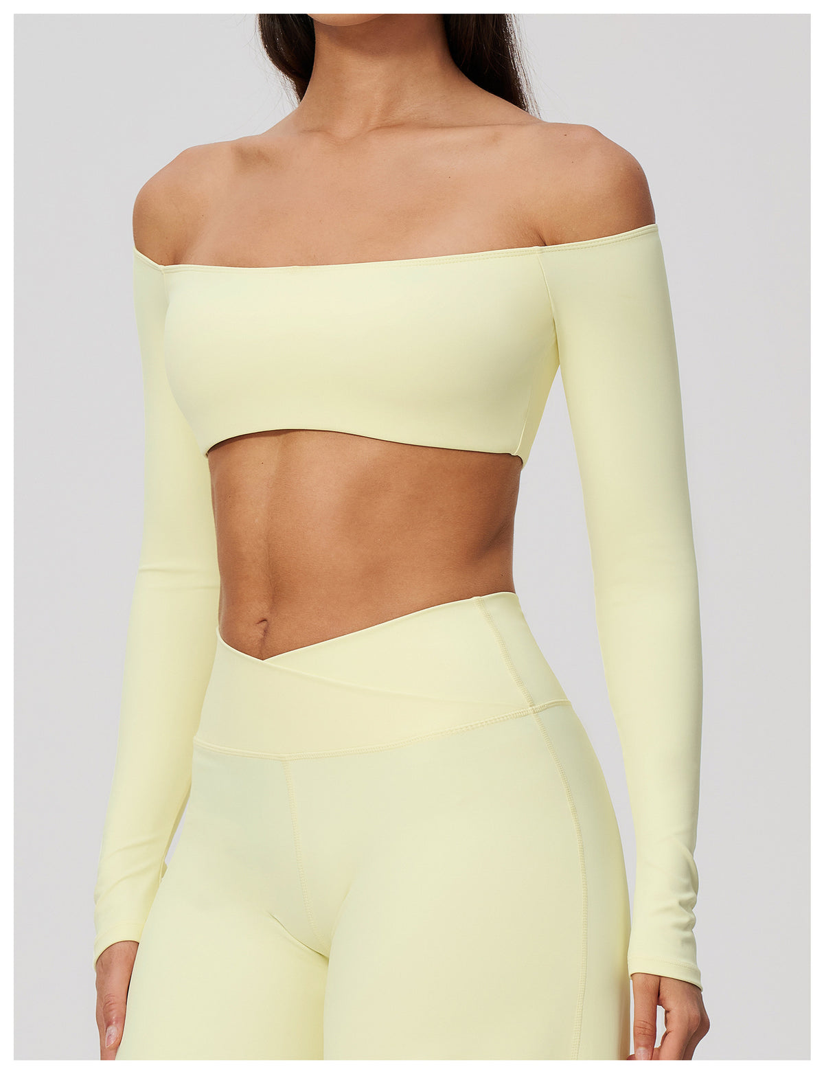 Women Off Shoulder Cropped Long Sleeve Sports Top with Chest Pads
