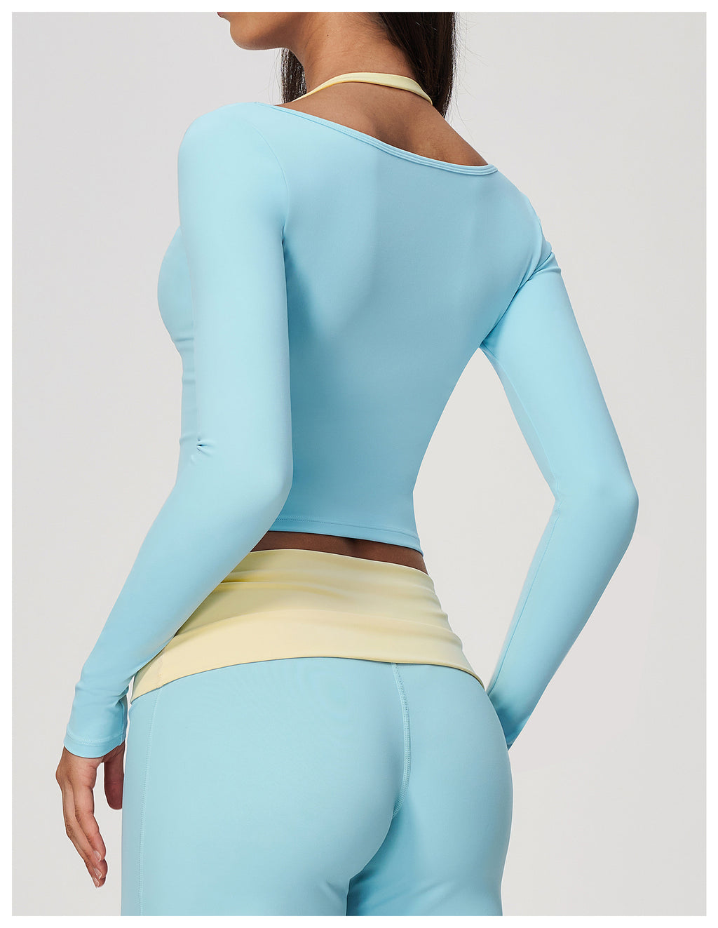 Women Colorblock Double Strap Halter Long Sleeve Cropped Fitness Yoga Top with Chest Pads