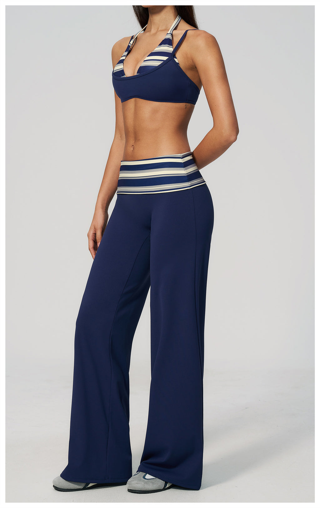 Women 2 Piece Yoga Set Halter Fake Two Piece Sports Bra and Fold Over Striped Waist Wide Leg Workout Pants