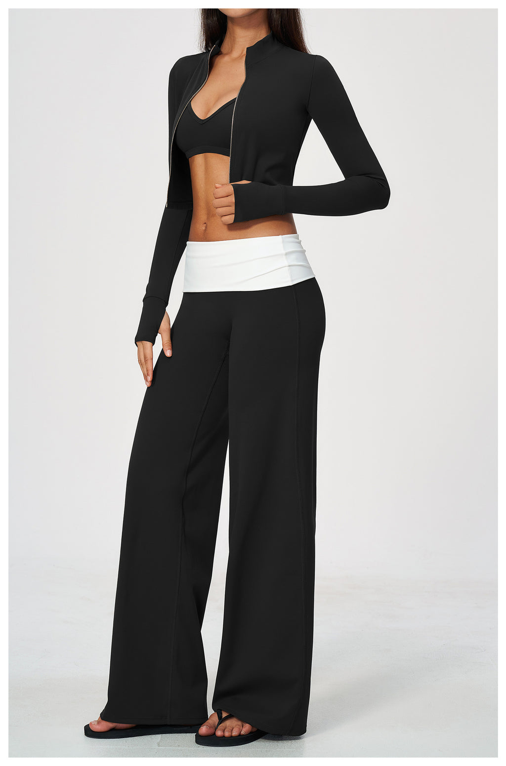 3 Piece Set Deep V-Neck Halter Thin Strap Backless Sports Bra and Stand Collar Full Zip Cropped Running Workout Jacket and High Waisted Wide Leg Yoga Athletic Pants