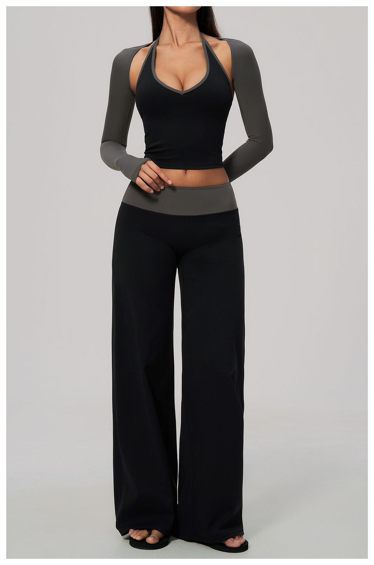 Women 3 Piece Contrast Color Halter Neck Yoga Set Long Sleeve Shrug V Neck Yoga Vest Wide Leg Pants