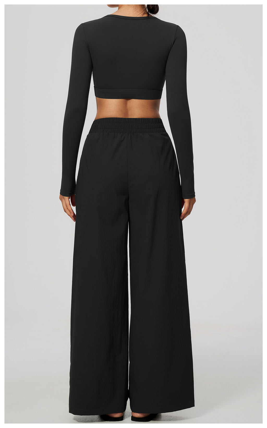 2 Piece Set Women U Neck Long Sleeve Short Workout Top with Removable Padded and High Waist Loose Casual Sports Wide Leg Pants