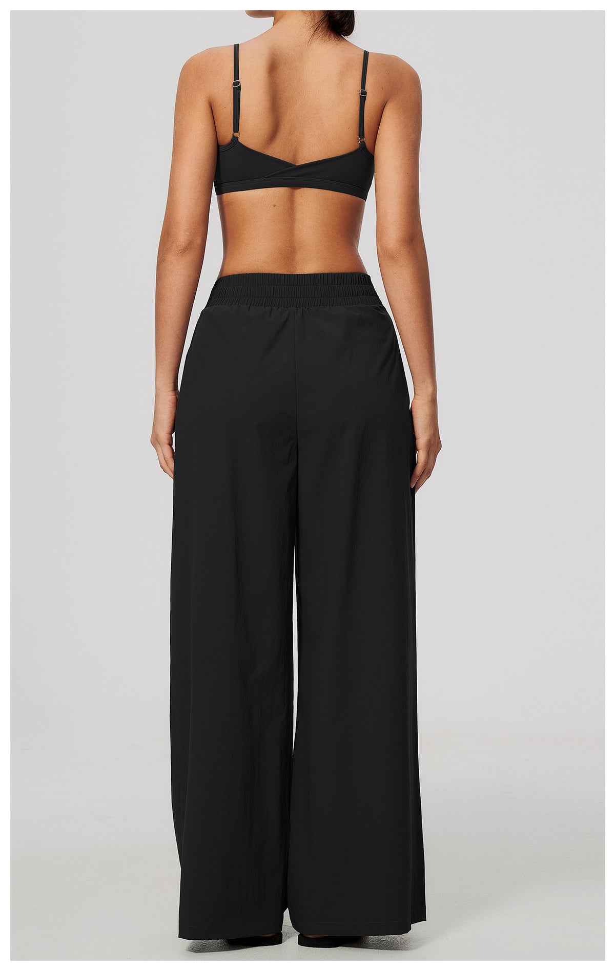 2 Piece Set Women V Neck Twist Back Adjustable Spaghetti Straps Sports Bra and High Waist Loose Casual Sports Wide Leg Pants