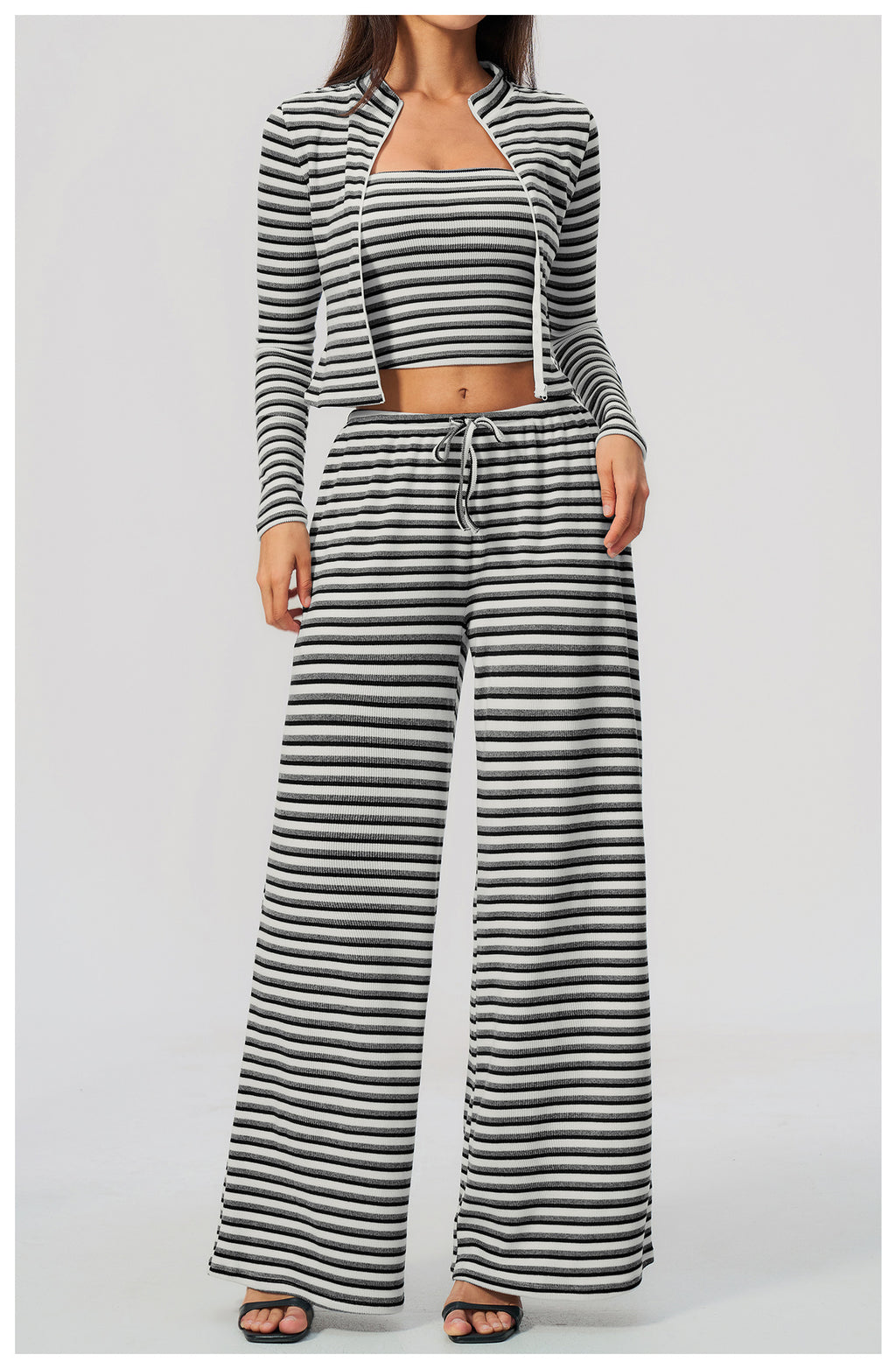3 Piece Striped Yoga Set Long Sleeve Zip up Jacket Strapless Soft Tube Top Elastic Drawstring Waist Wide Leg Pants Workout Outfit Gym Running Sports Activewear Set