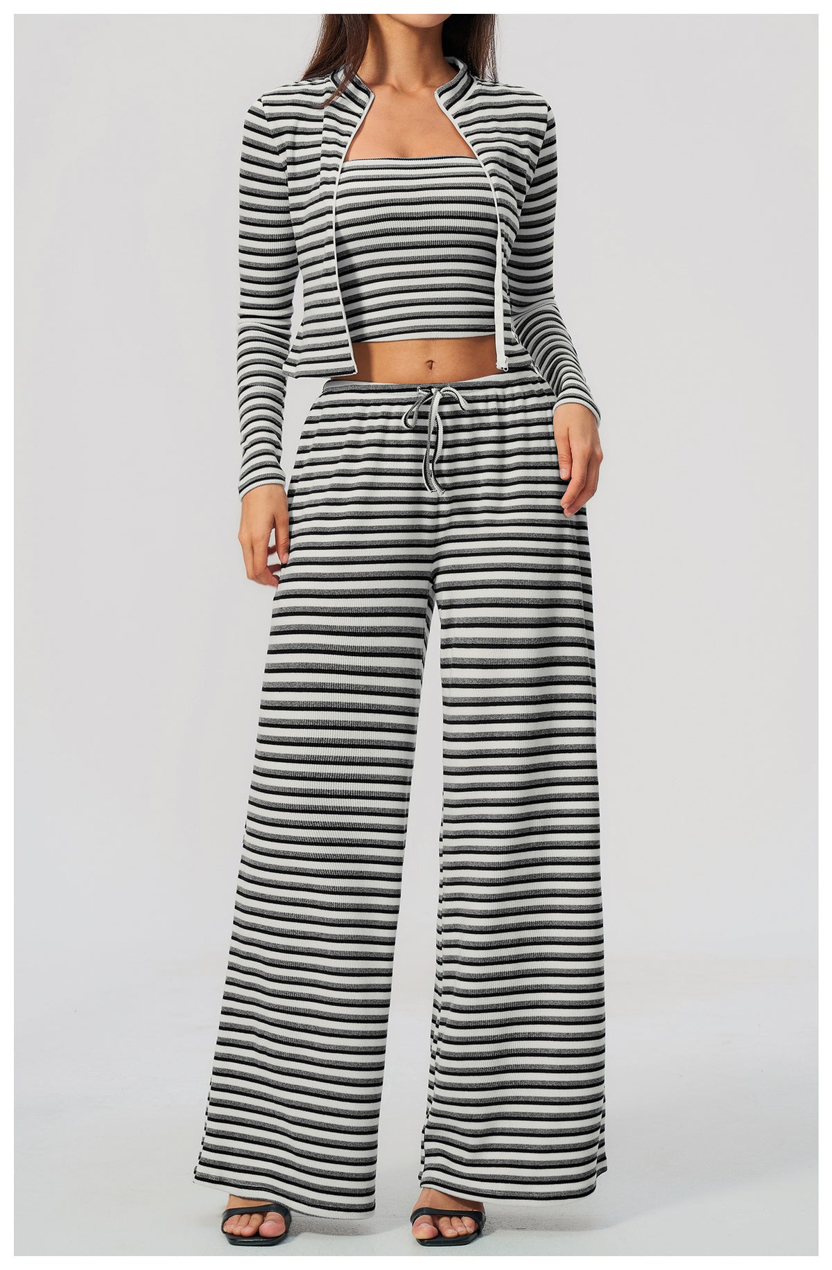 3 Piece Striped Yoga Set Long Sleeve Zip up Jacket Strapless Soft Tube Top Elastic Drawstring Waist Wide Leg Pants Workout Outfit Gym Running Sports Activewear Set