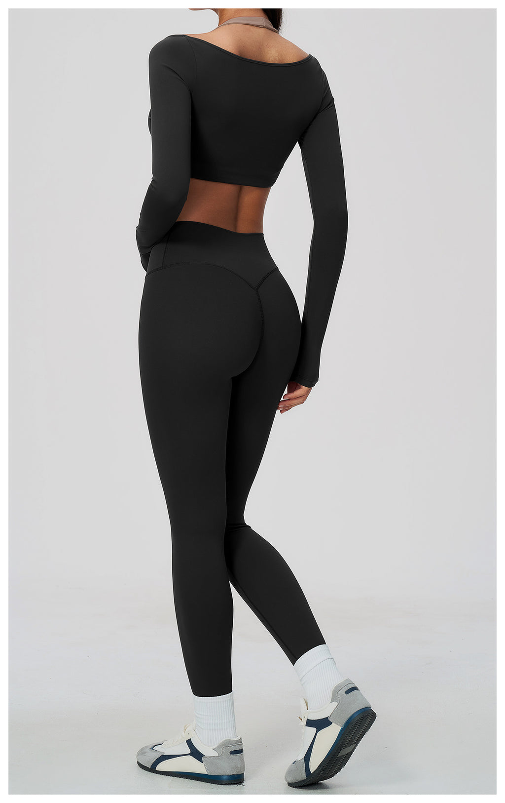 2 Piece Colorblock Halter Long Sleeve Cropped Yoga Top and Cross Waist Yoga Leggings Set
