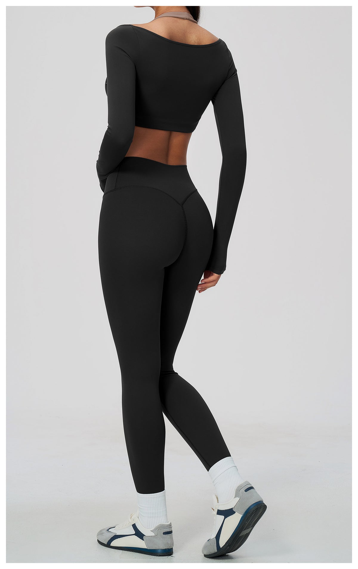 2 Piece Colorblock Halter Long Sleeve Cropped Yoga Top and Cross Waist Yoga Leggings Set