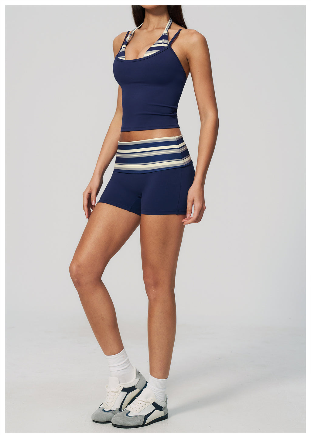 Women 2 Piece Yoga Set Halter Fake Two Piece Yoga Vest and Fold Over Striped Waist Biker Shorts