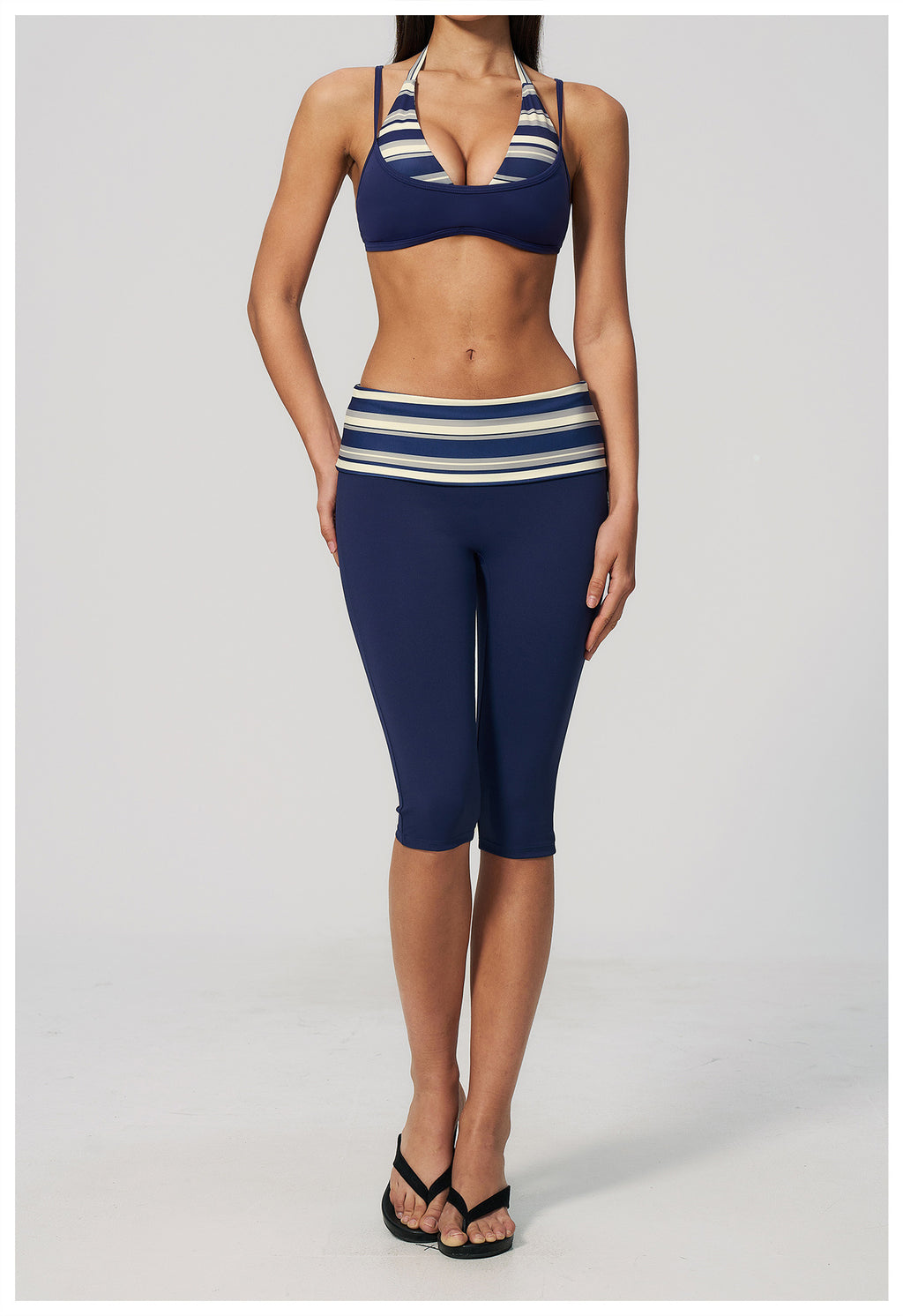 Women 2 Piece Yoga Set Halter Fake Two Piece Sports Bra and Fold Over Striped Waist Capri Yoga Leggings