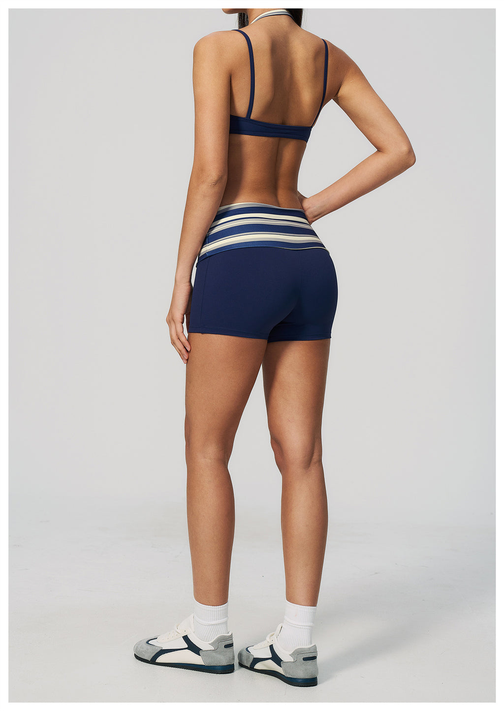 Women 2 Piece Yoga Set Halter Fake Two Piece Sports Bra and Fold Over Striped Waist Biker Shorts