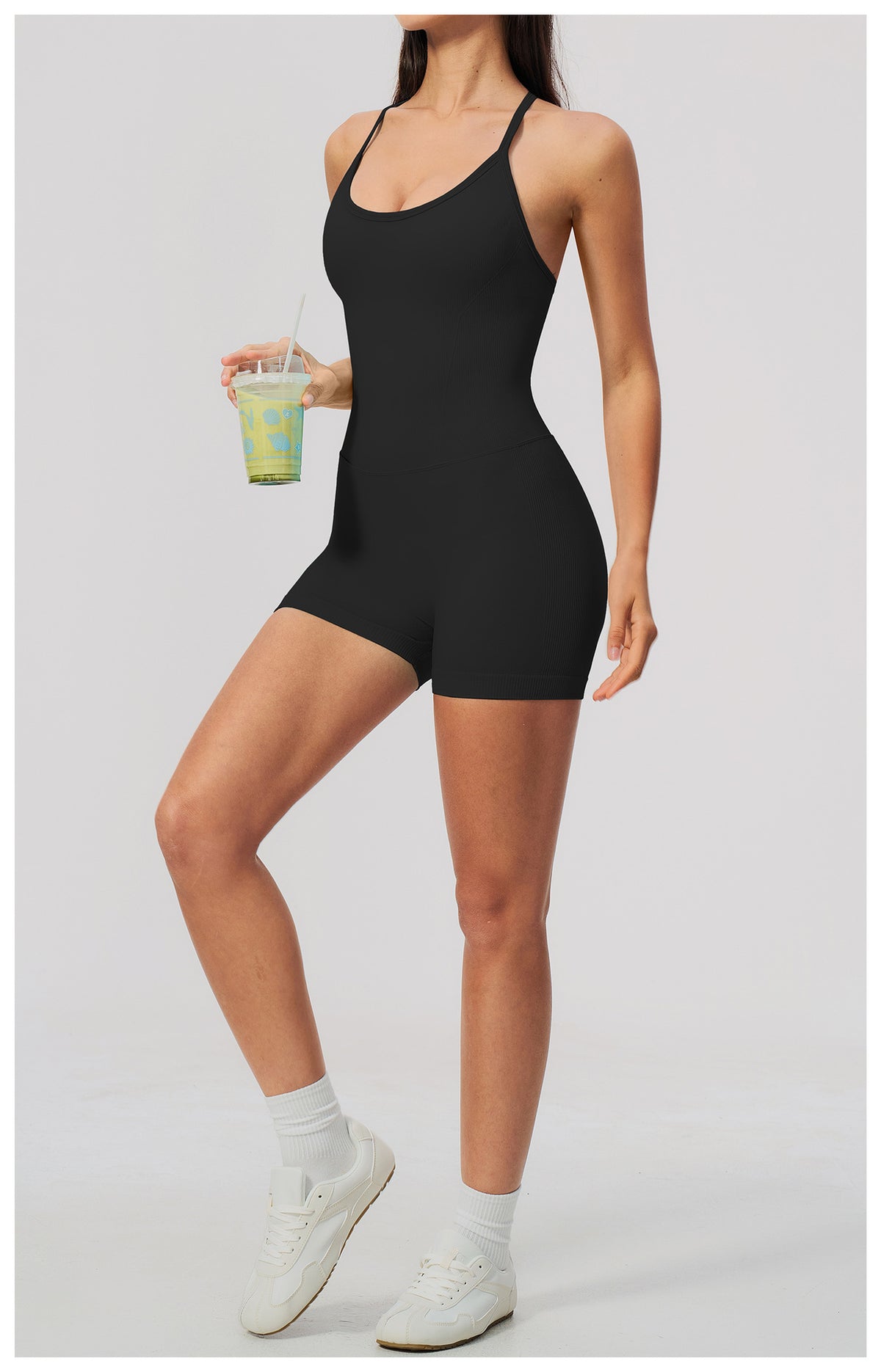 Women Seamless Yoga Romper Y-Back Spaghetti Strap Workout Bodysuit Tummy Control Butt Lifter Short Jumpsuit for Gym Fitness