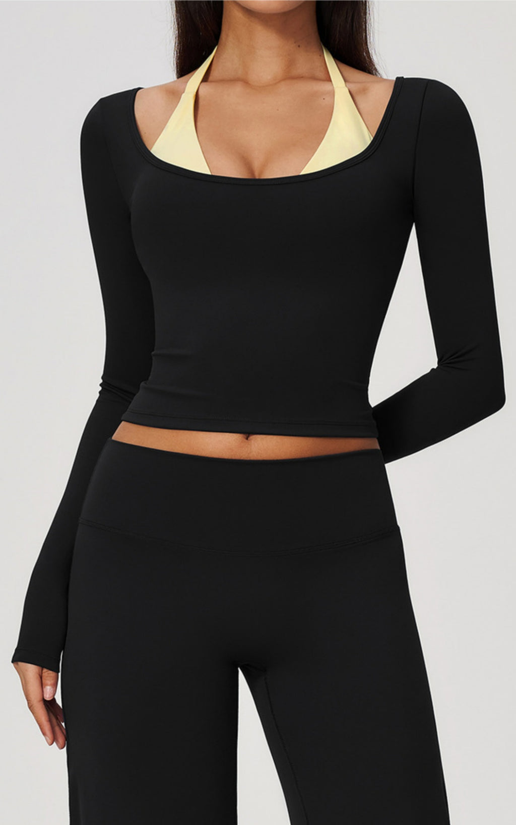 Women Colorblock Double Strap Halter Long Sleeve Cropped Fitness Yoga Top with Chest Pads