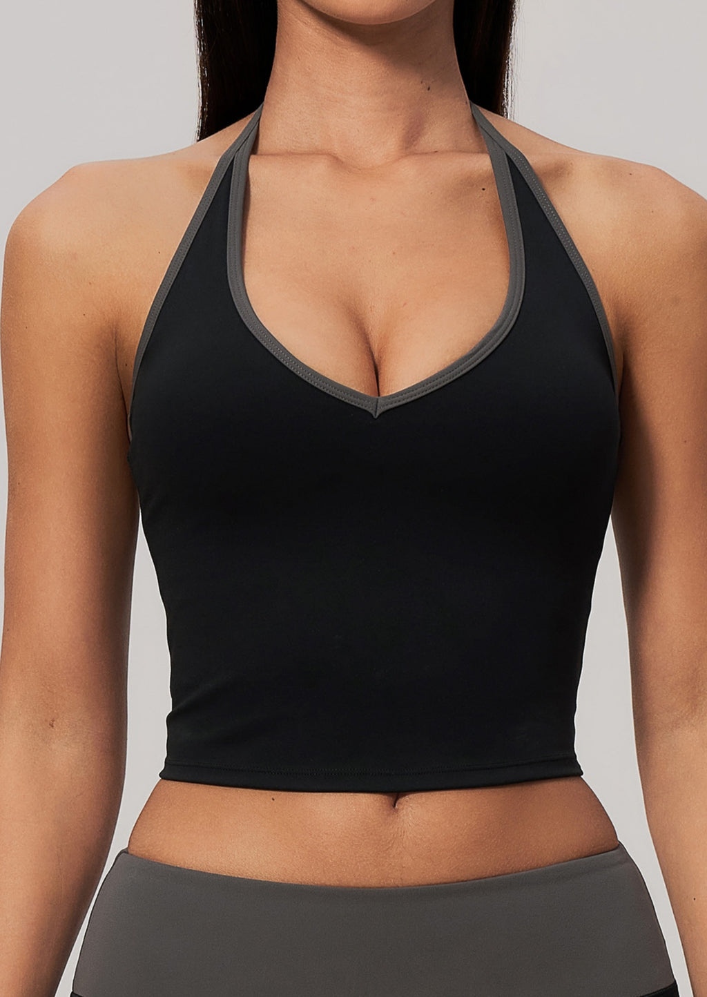 Women ColorBlock V Neck Halter Crop Yoga Tank Top Built in Bra