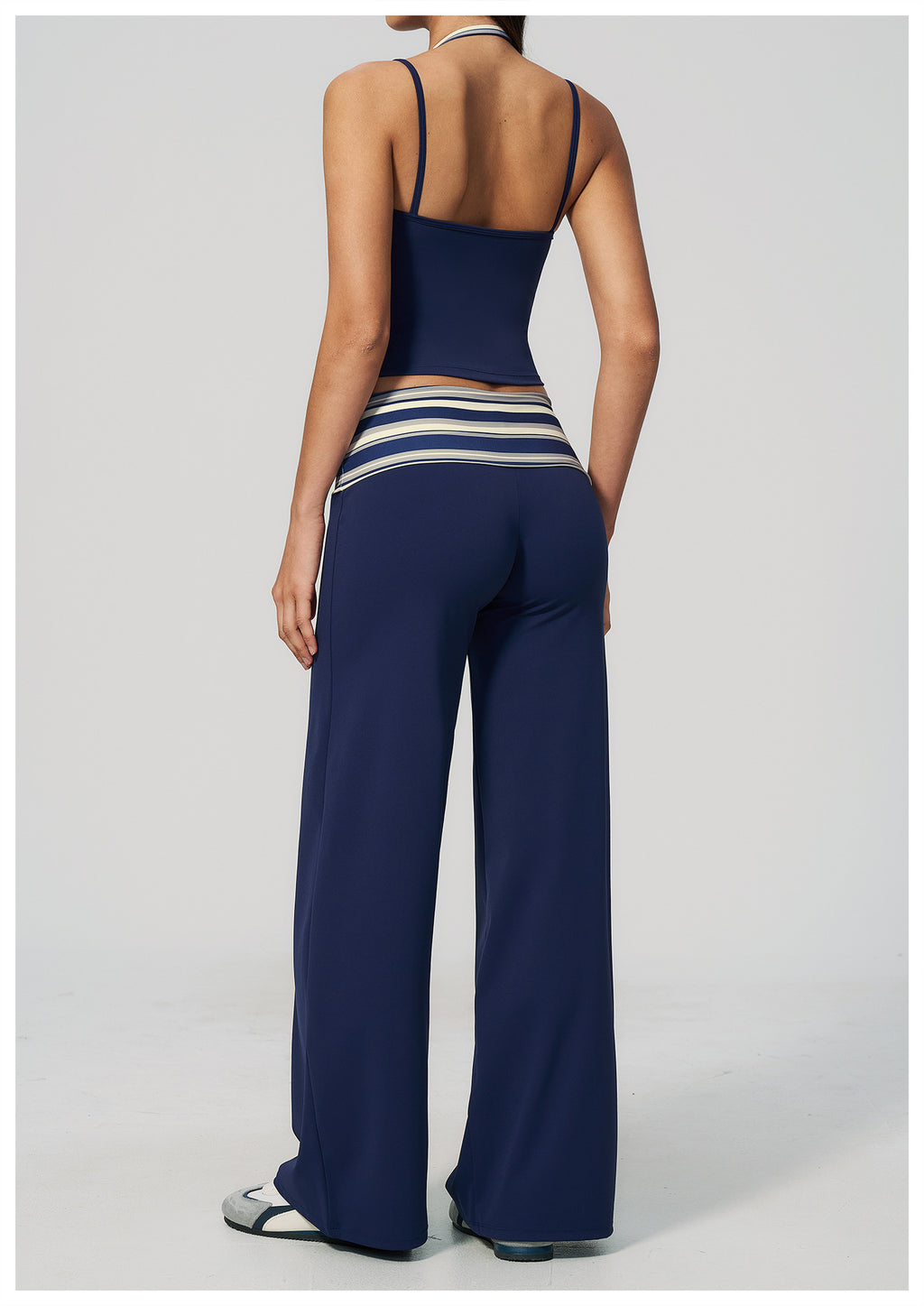 Women 2 Piece Yoga Set Halter Fake Two Piece Yoga Vest and Fold Over Striped Waist Wide Leg Workout Pants