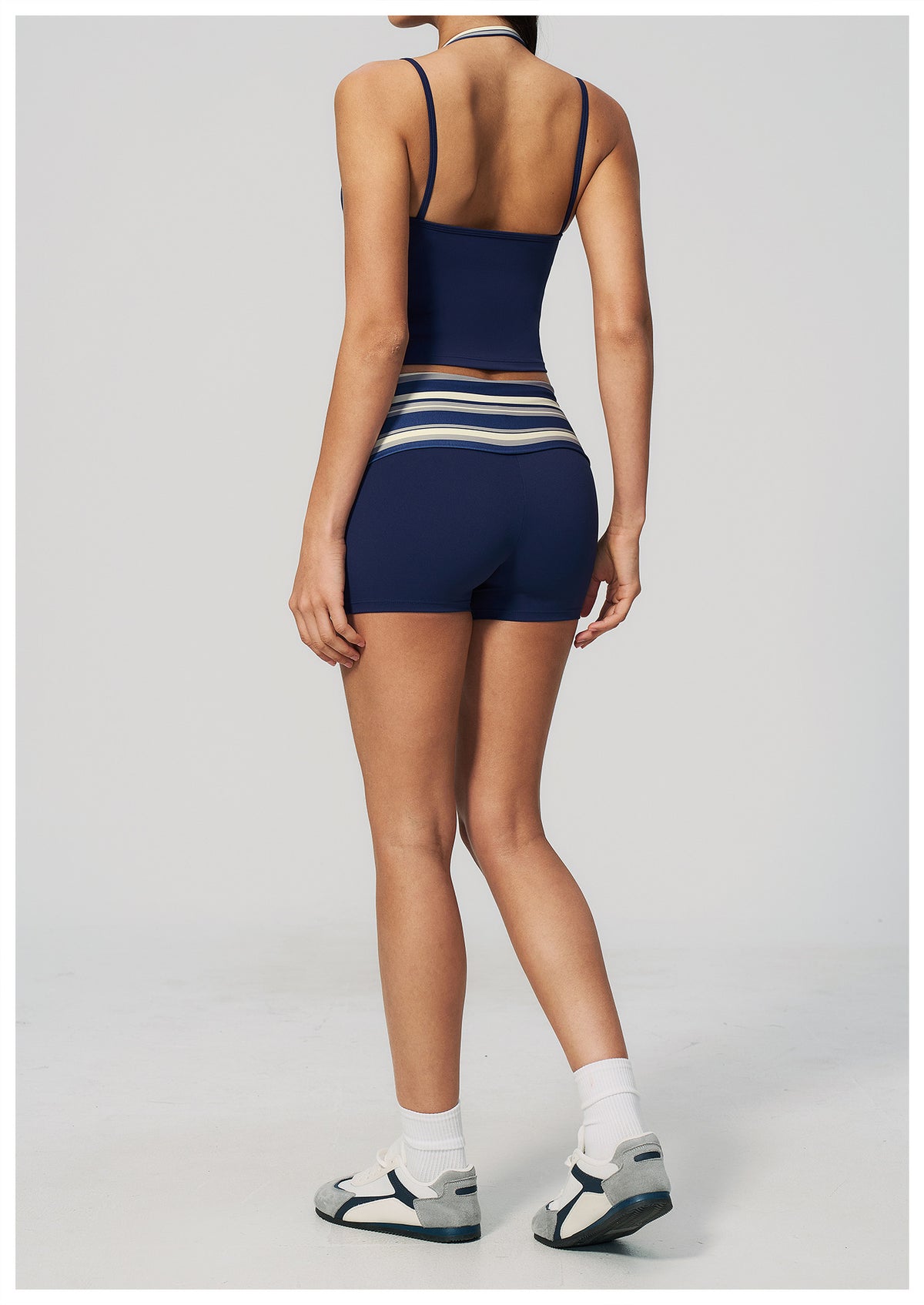 Women 2 Piece Yoga Set Halter Fake Two Piece Yoga Vest and Fold Over Striped Waist Biker Shorts