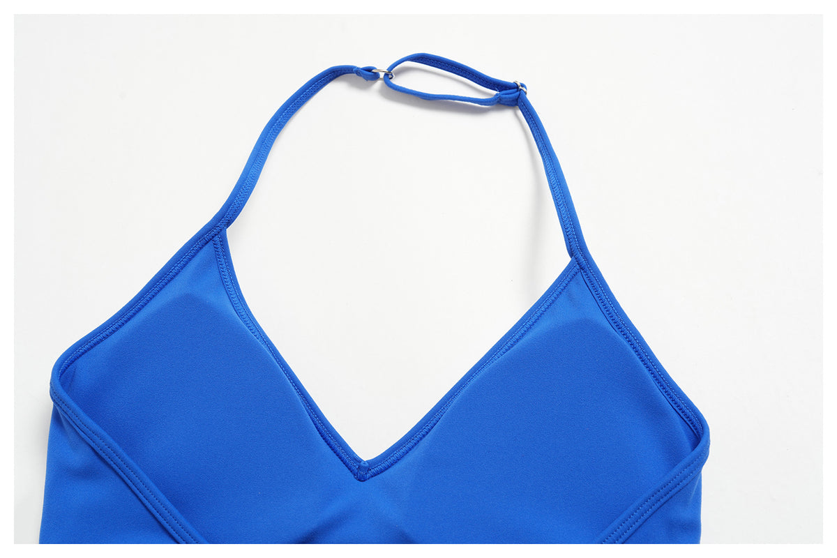 2 Piece Set Deep V-Neck Halter Thin Strap Backless Sports Bra and ColorBlock High Waisted Wide Leg Yoga Athletic Pants