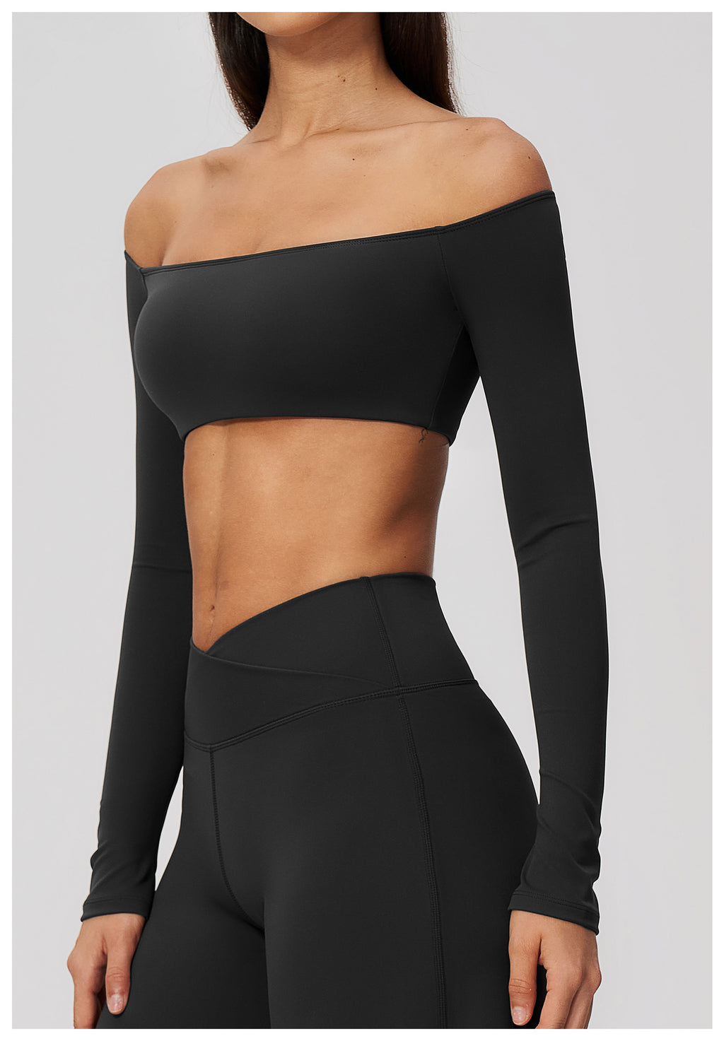 Women Off Shoulder Cropped Long Sleeve Sports Top with Chest Pads