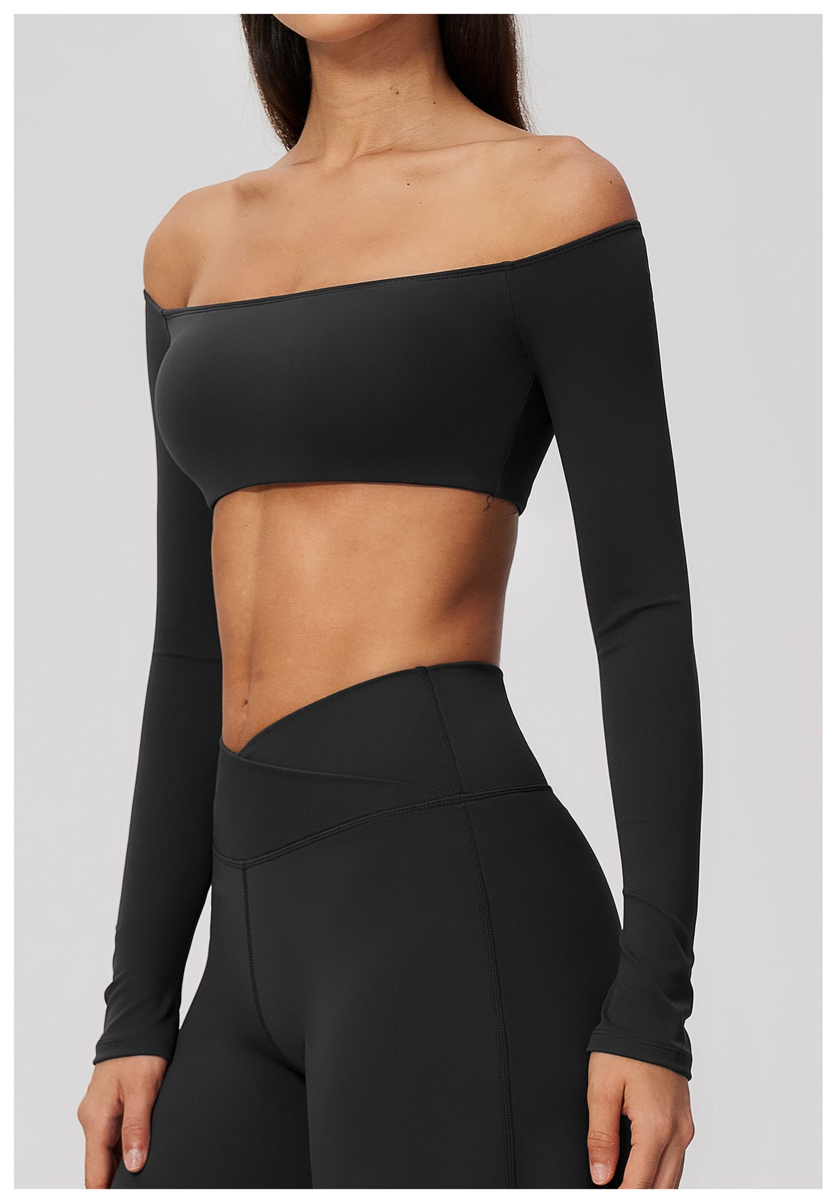 Women Off Shoulder Cropped Long Sleeve Sports Top with Chest Pads