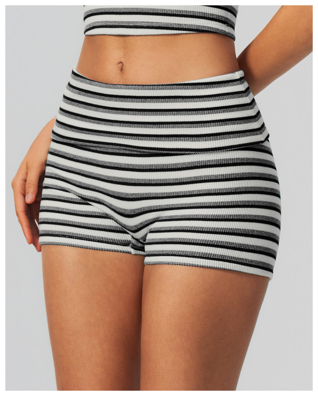Women Ribbed Striped Fold Over High Waist Yoga Biker Shorts