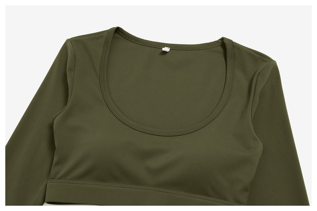 2 Piece Set Women U Neck Long Sleeve Short Workout Top with Removable Padded and High Waist Loose Casual Sports Wide Leg Pants