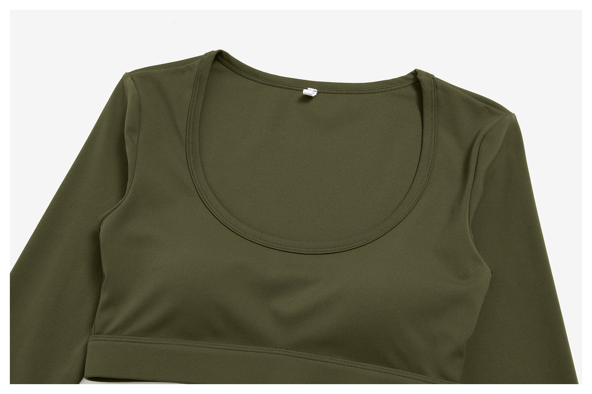 2 Piece Set Women U Neck Long Sleeve Short Workout Top with Removable Padded and High Waist Loose Casual Sports Wide Leg Pants