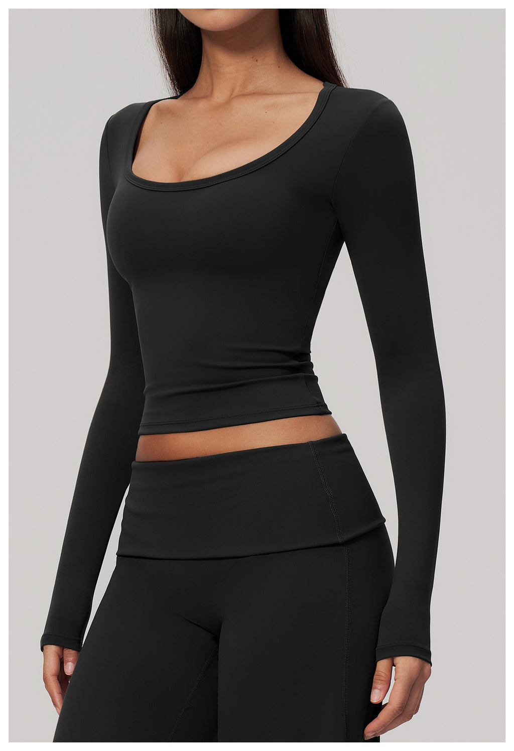 Women U Neck Long Sleeve Crop Yoga Top with Removable Padded