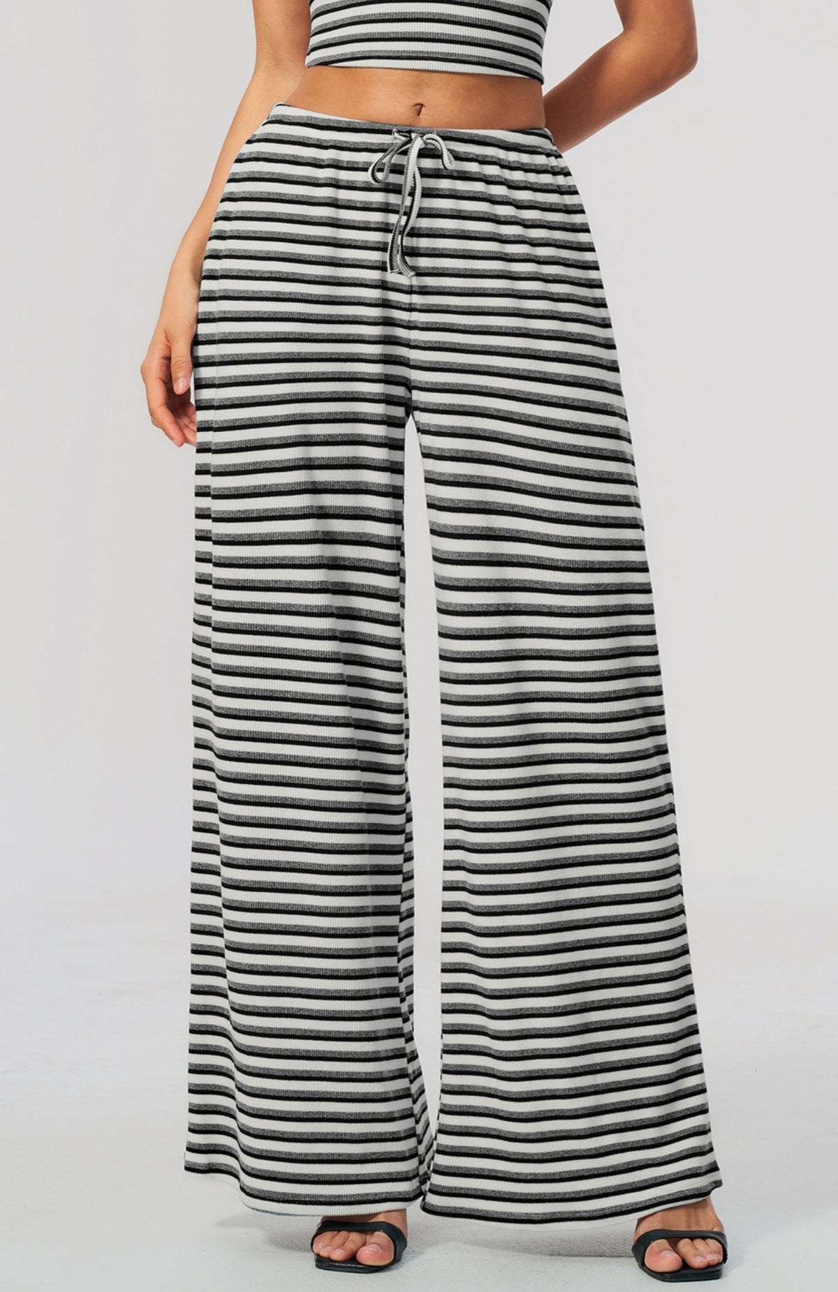 Women Ribbed Striped Wide Leg Pants Elastic Drawstring Waist Casual Loose Trousers With Pockets