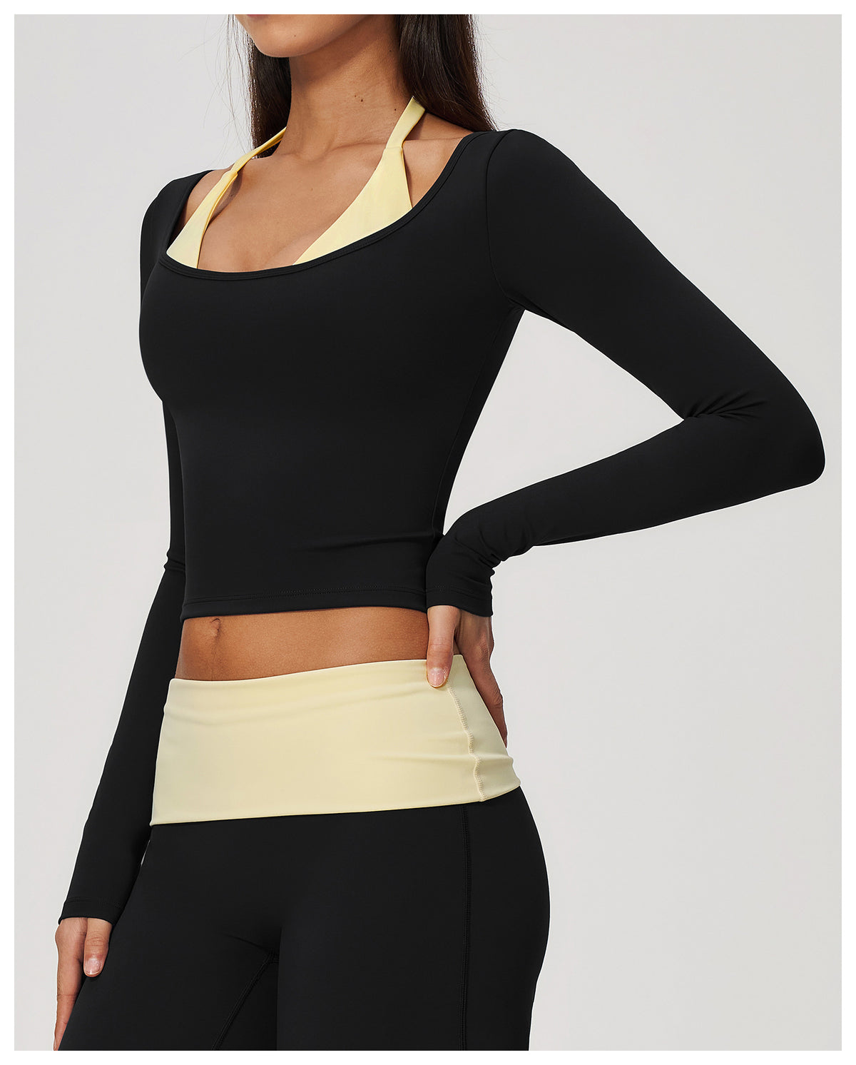 Women Colorblock Double Strap Halter Long Sleeve Cropped Fitness Yoga Top with Chest Pads