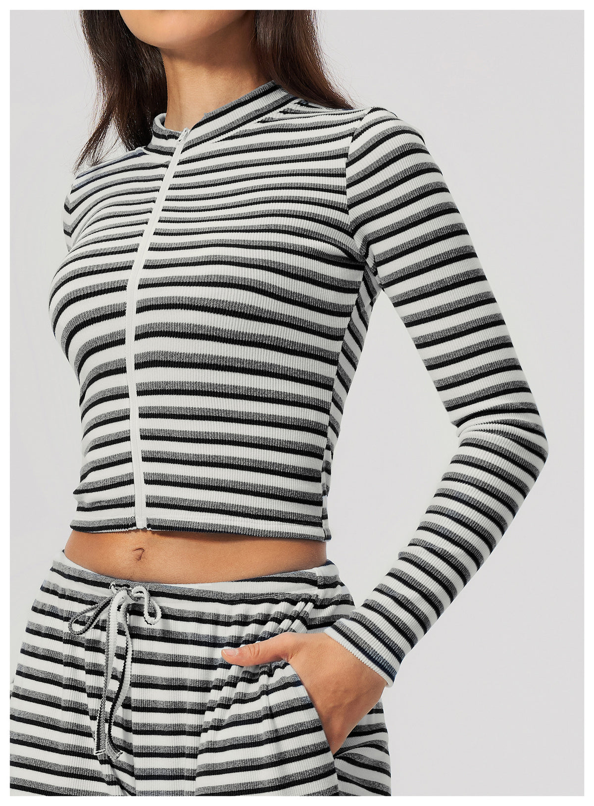 Women Ribbed Striped Stand Collar Long Sleeve Cropped Yoga Sports Zip up Jacket