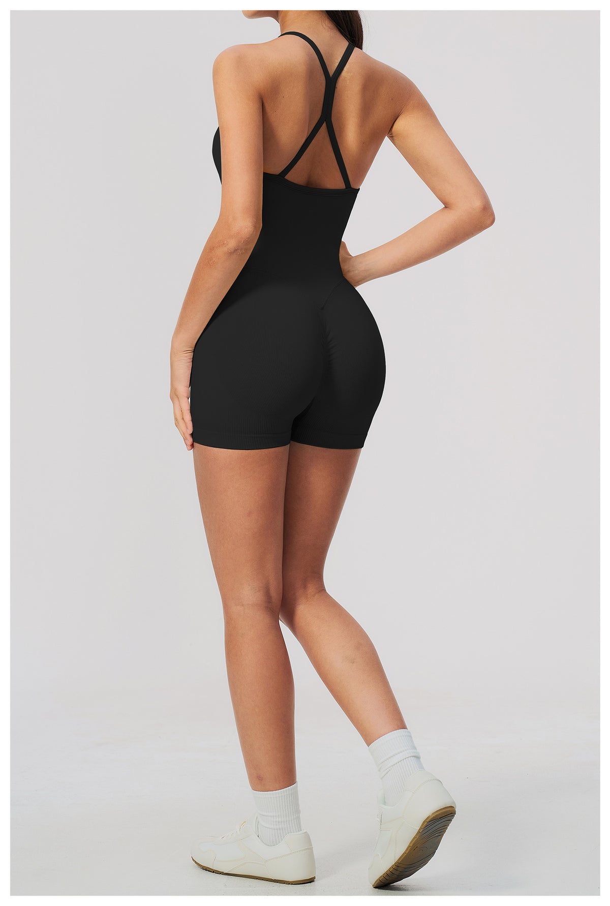 Women Seamless Yoga Romper Y-Back Spaghetti Strap Workout Bodysuit Tummy Control Butt Lifter Short Jumpsuit for Gym Fitness