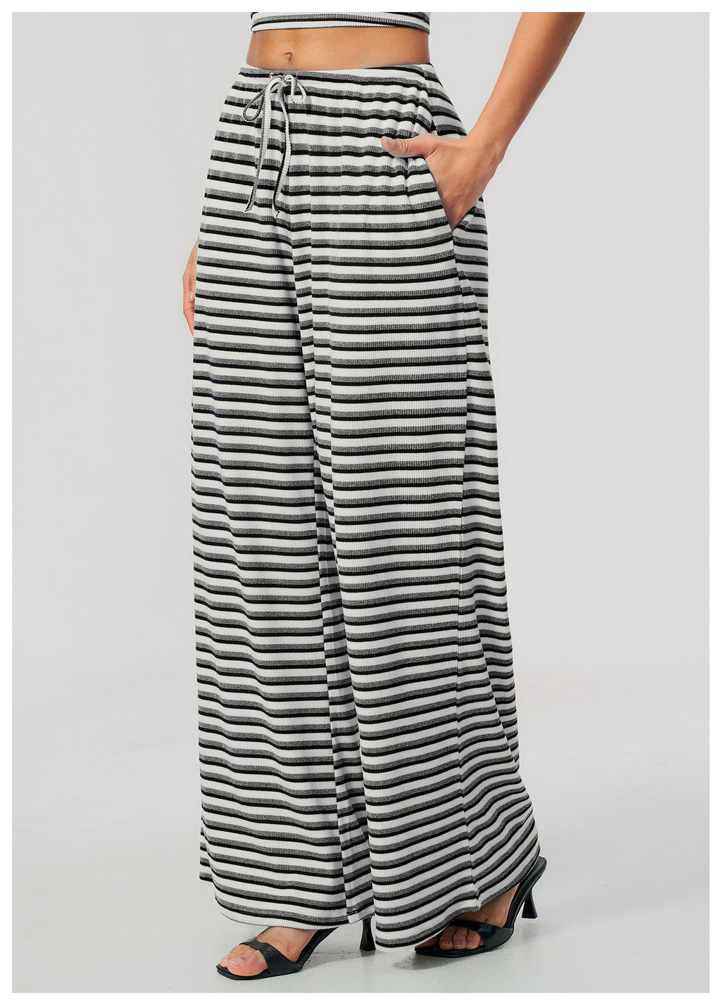 Women Ribbed Striped Wide Leg Pants Elastic Drawstring Waist Casual Loose Trousers With Pockets