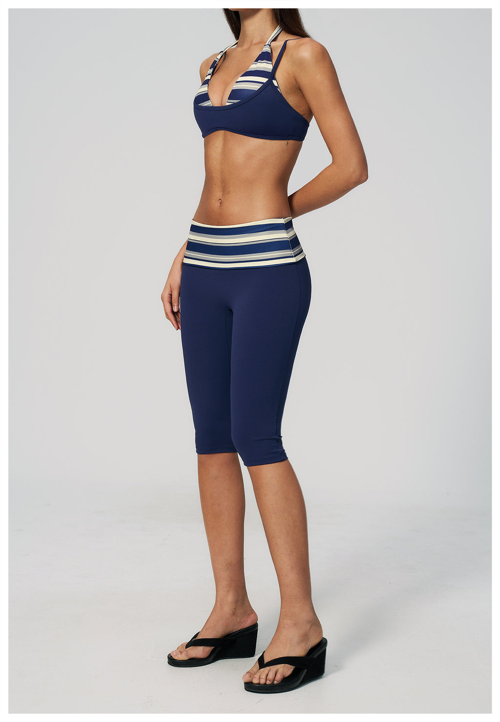Women 2 Piece Yoga Set Halter Fake Two Piece Sports Bra and Fold Over Striped Waist Capri Yoga Leggings