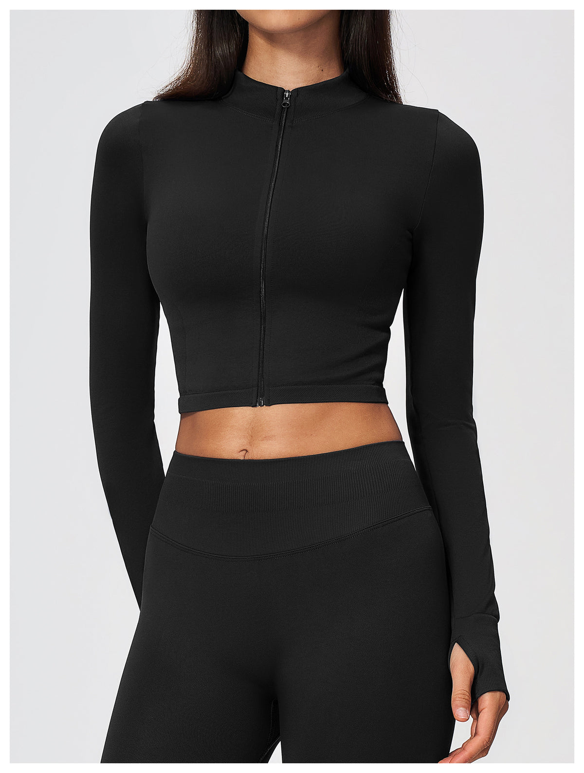 Women Seamless Stand Collar Full Zip Slim Fit Long Sleeve Thumb Hole Fitness Sports Jacket