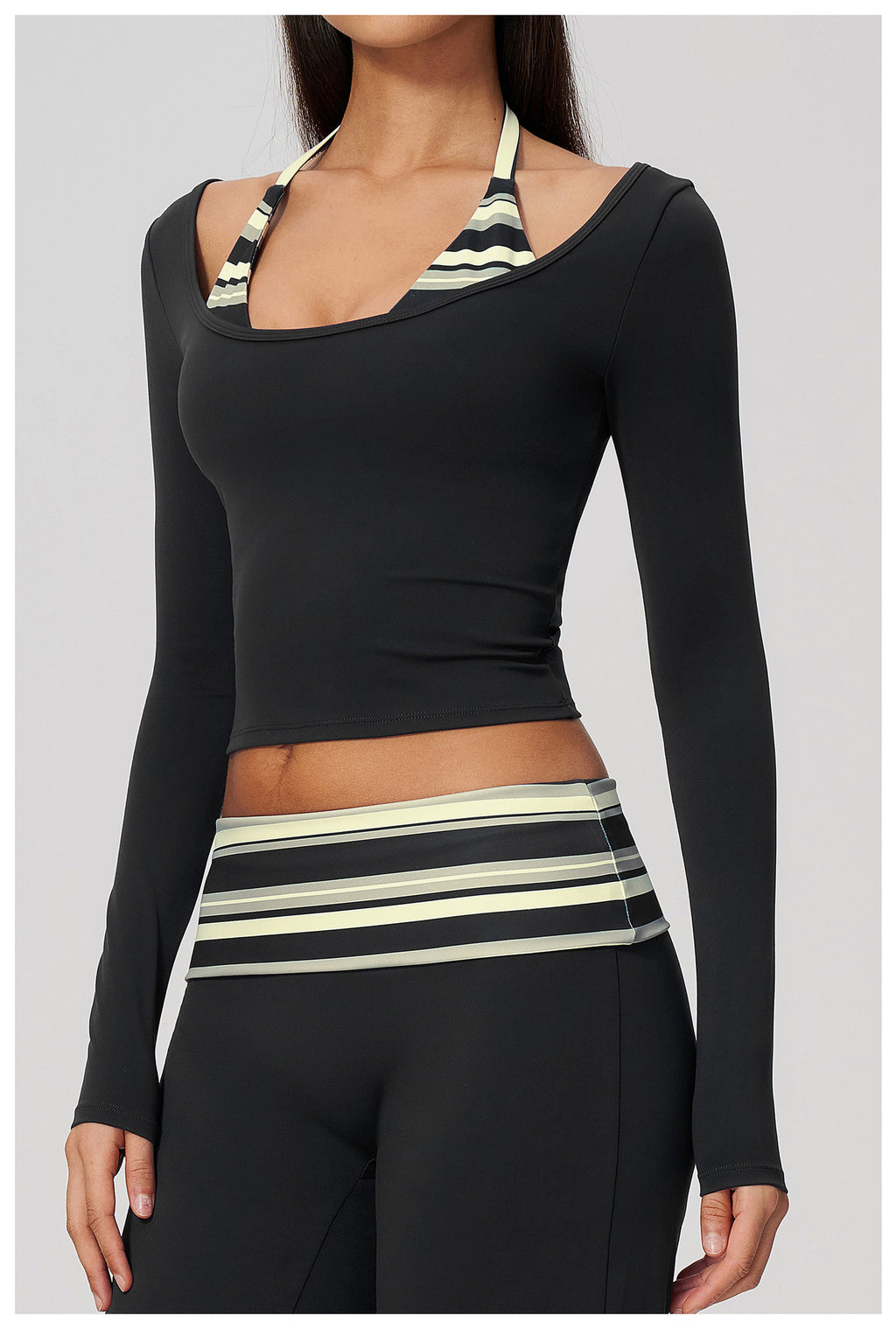Women Halter Fake Two Piece Long Sleeve Yoga Top High Elastic Slim Fit Workout Sports Gym Active Shirt