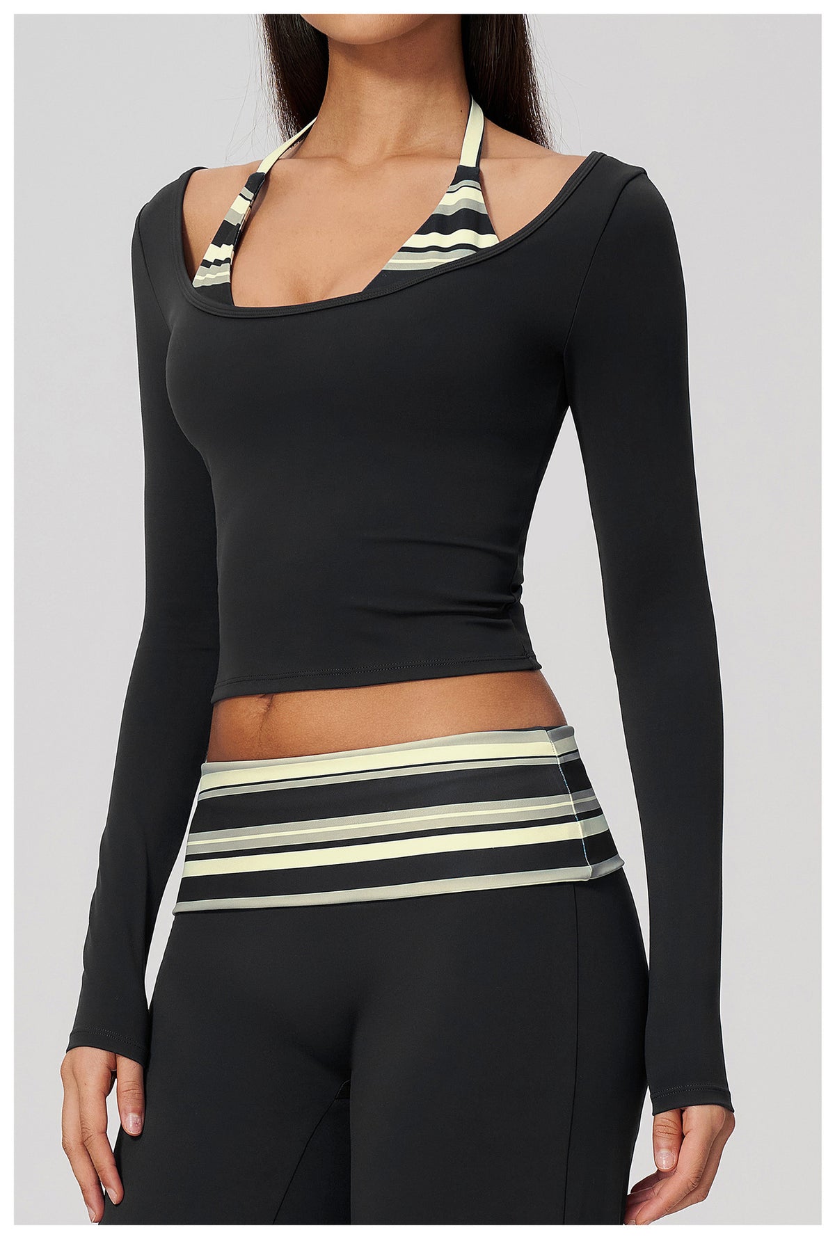 Women Halter Fake Two Piece Long Sleeve Yoga Top High Elastic Slim Fit Workout Sports Gym Active Shirt