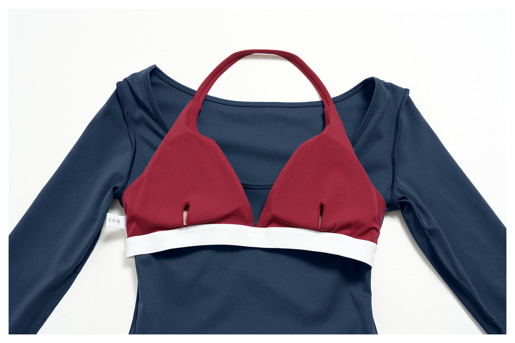 2 Piece Colorblock Double Strap Halter Long Sleeve Cropped Fitness Yoga Top and Foldover Waist High-Rise Loose Wide Leg Yoga Pants Set