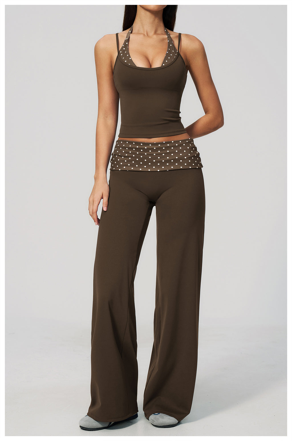 Women 2 Piece Yoga Set Halter Fake Two Piece Yoga Vest and Fold Over Striped Waist Wide Leg Workout Pants