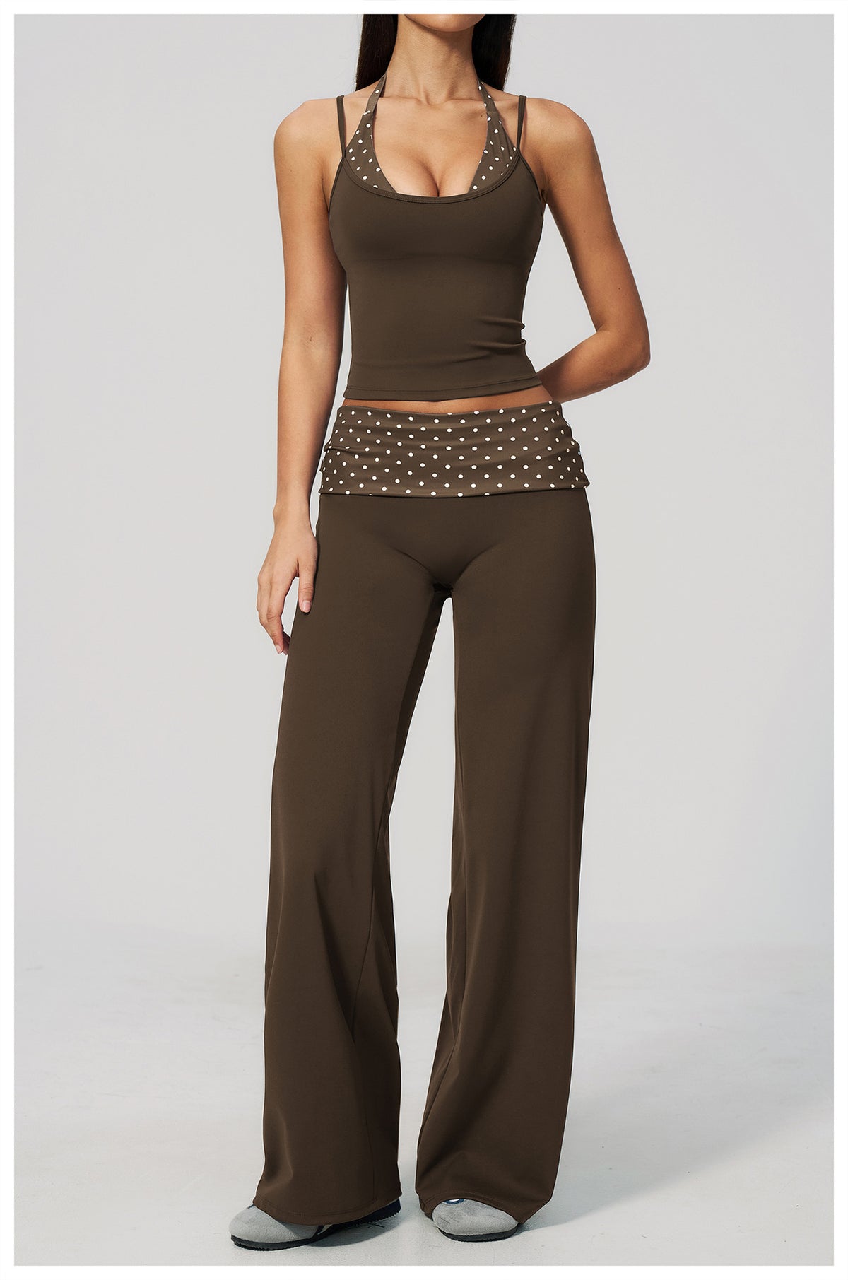 Women 2 Piece Yoga Set Halter Fake Two Piece Yoga Vest and Fold Over Striped Waist Wide Leg Workout Pants