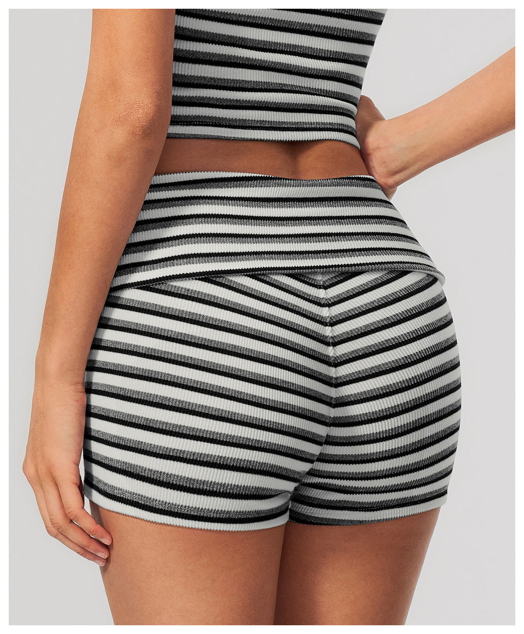 Women Ribbed Striped Fold Over High Waist Yoga Biker Shorts