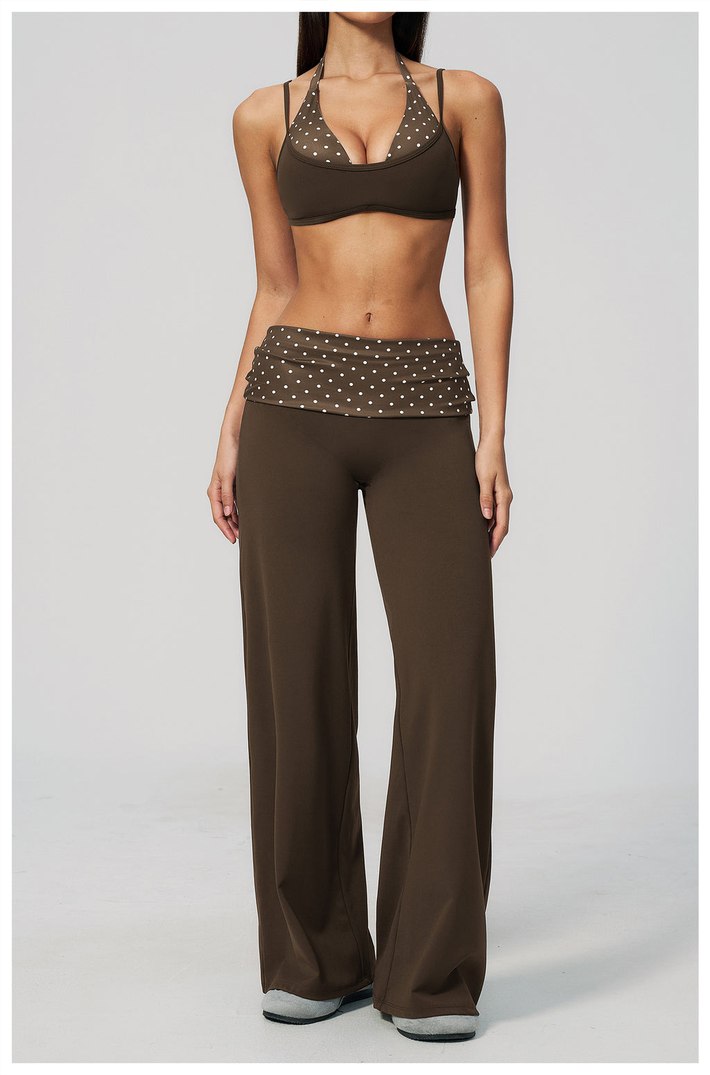 Women 2 Piece Yoga Set Halter Fake Two Piece Sports Bra and Fold Over Striped Waist Wide Leg Workout Pants