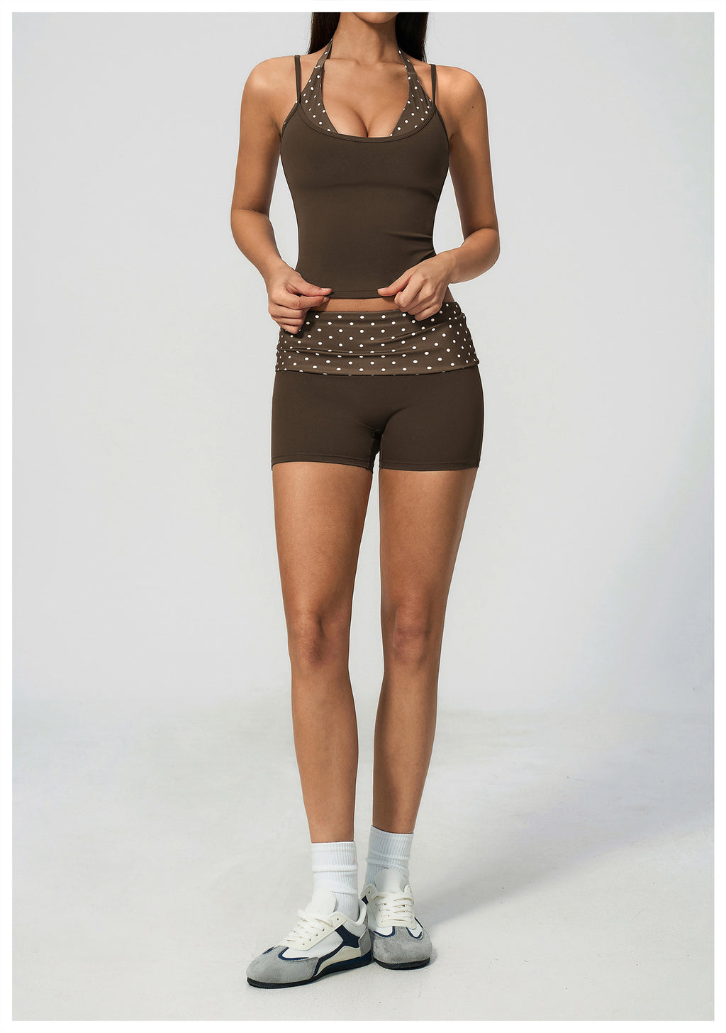 Women 2 Piece Yoga Set Halter Fake Two Piece Yoga Vest and Fold Over Striped Waist Biker Shorts