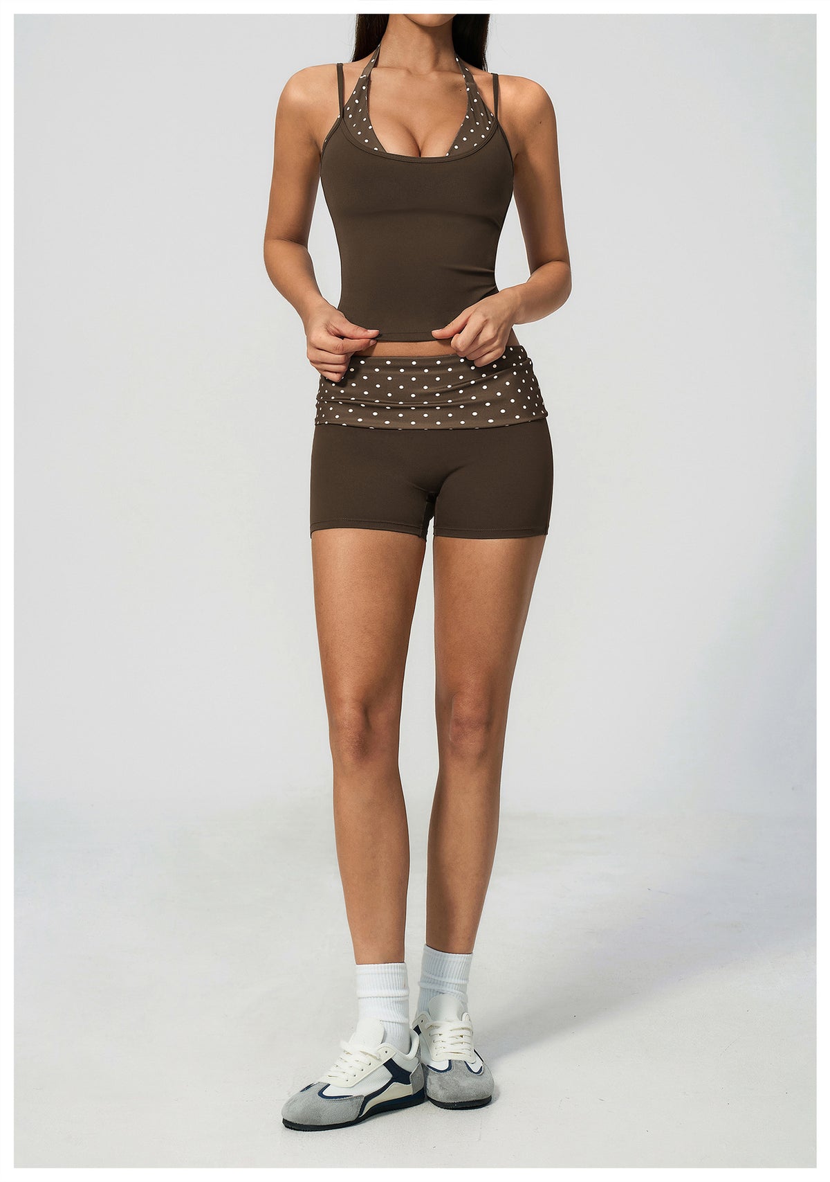 Women 2 Piece Yoga Set Halter Fake Two Piece Yoga Vest and Fold Over Striped Waist Biker Shorts
