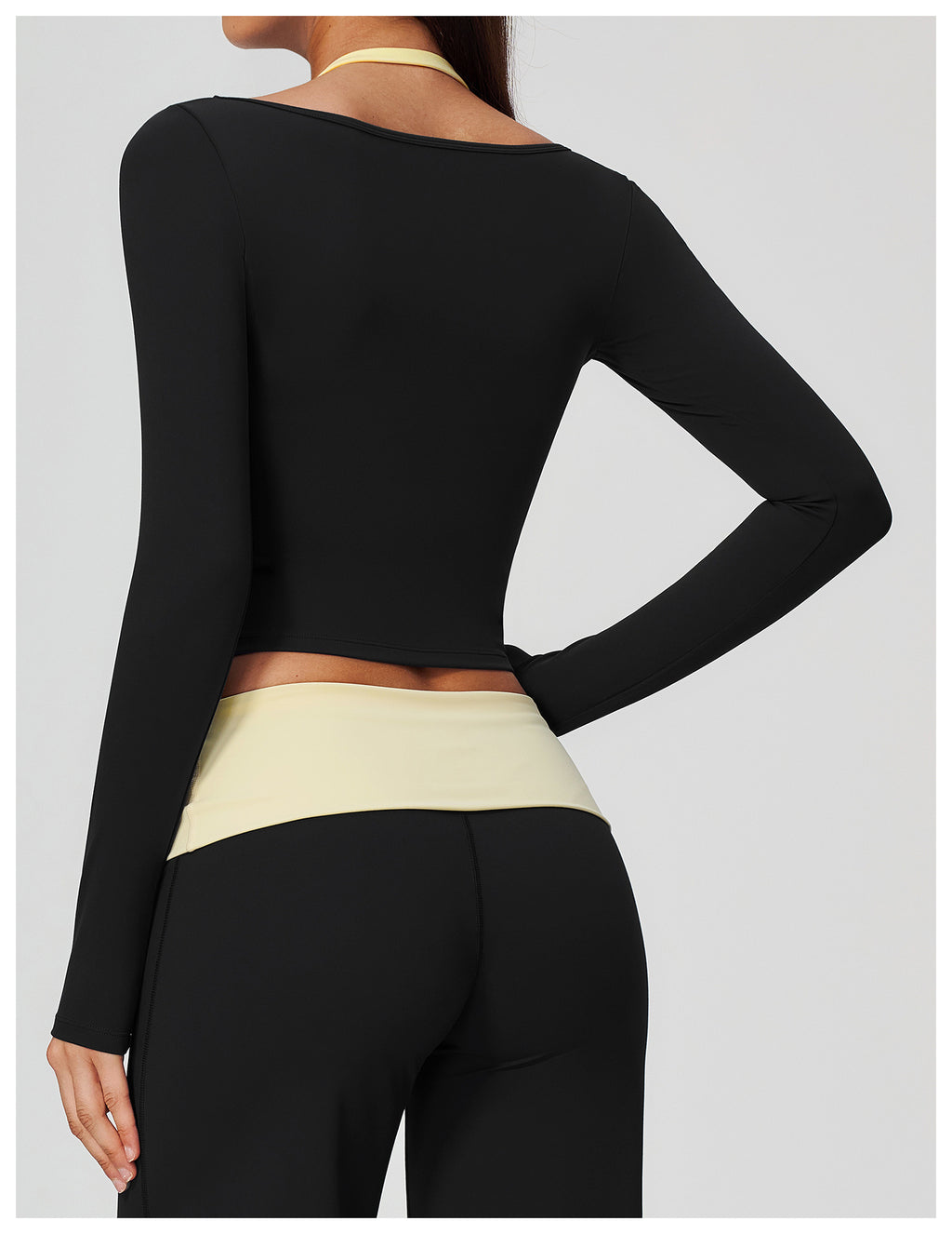 Women Colorblock Double Strap Halter Long Sleeve Cropped Fitness Yoga Top with Chest Pads