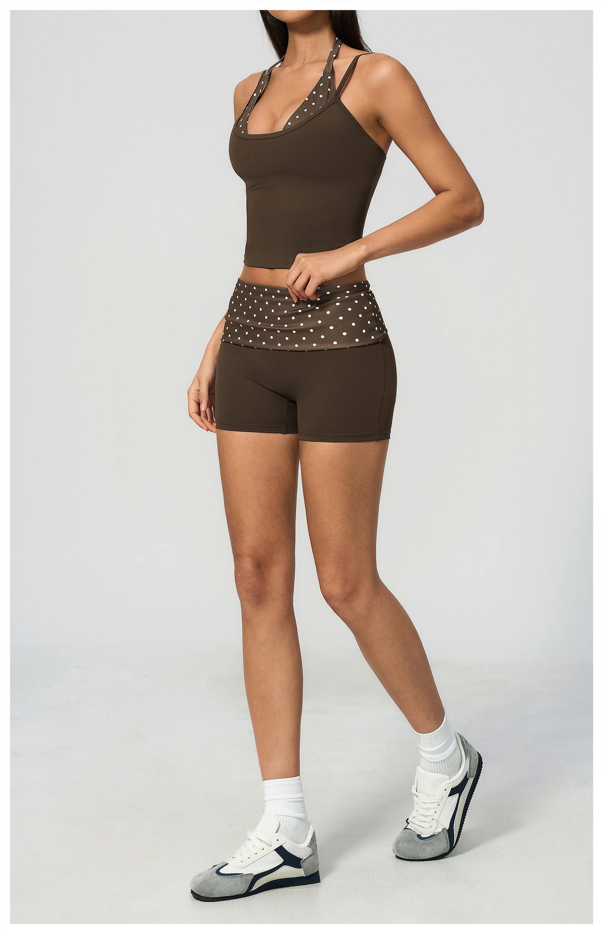Women 2 Piece Yoga Set Halter Fake Two Piece Yoga Vest and Fold Over Striped Waist Biker Shorts