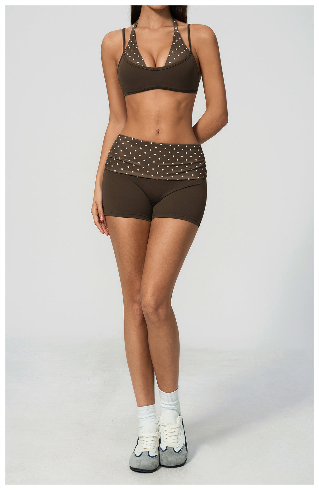 Women 2 Piece Yoga Set Halter Fake Two Piece Sports Bra and Fold Over Striped Waist Biker Shorts