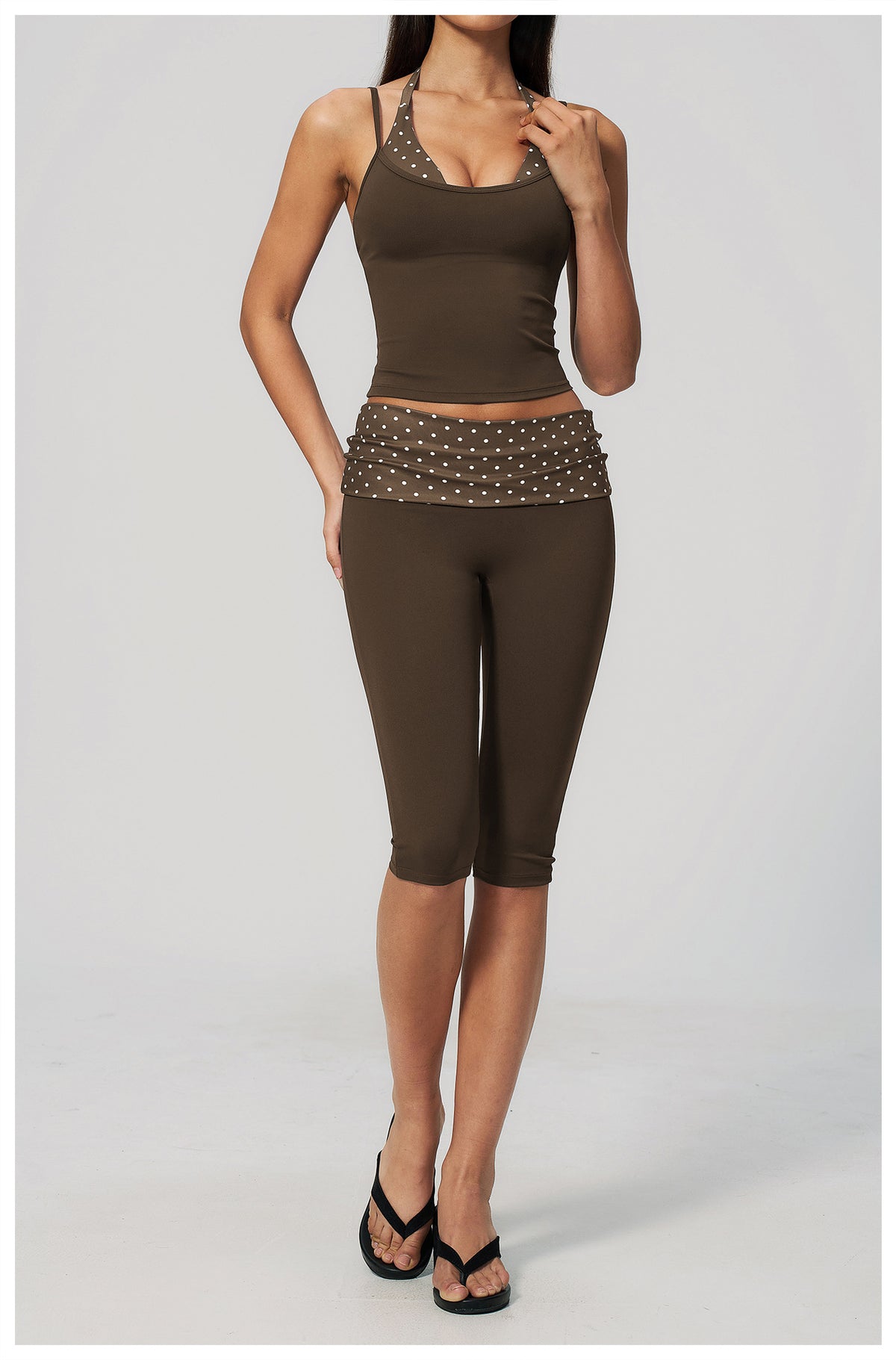 Women 2 Piece Yoga Set Halter Fake Two Piece Yoga Vest and Fold Over Striped Waist Capri Yoga Leggings