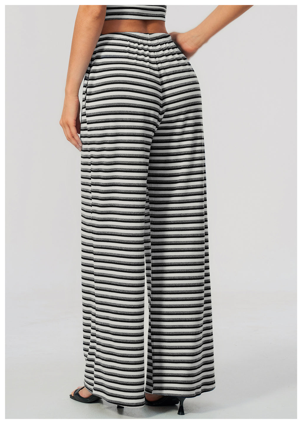 Women Ribbed Striped Wide Leg Pants Elastic Drawstring Waist Casual Loose Trousers With Pockets