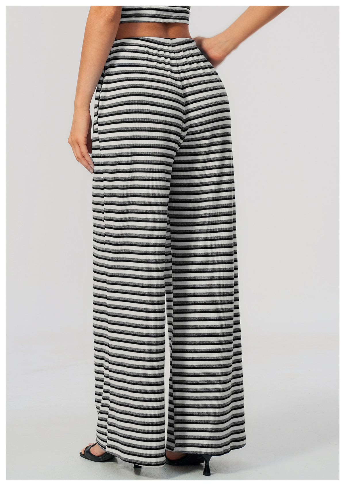 Women Ribbed Striped Wide Leg Pants Elastic Drawstring Waist Casual Loose Trousers With Pockets