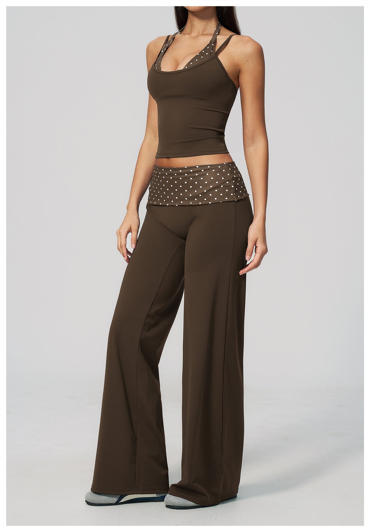 Women 2 Piece Yoga Set Halter Fake Two Piece Yoga Vest and Fold Over Striped Waist Wide Leg Workout Pants