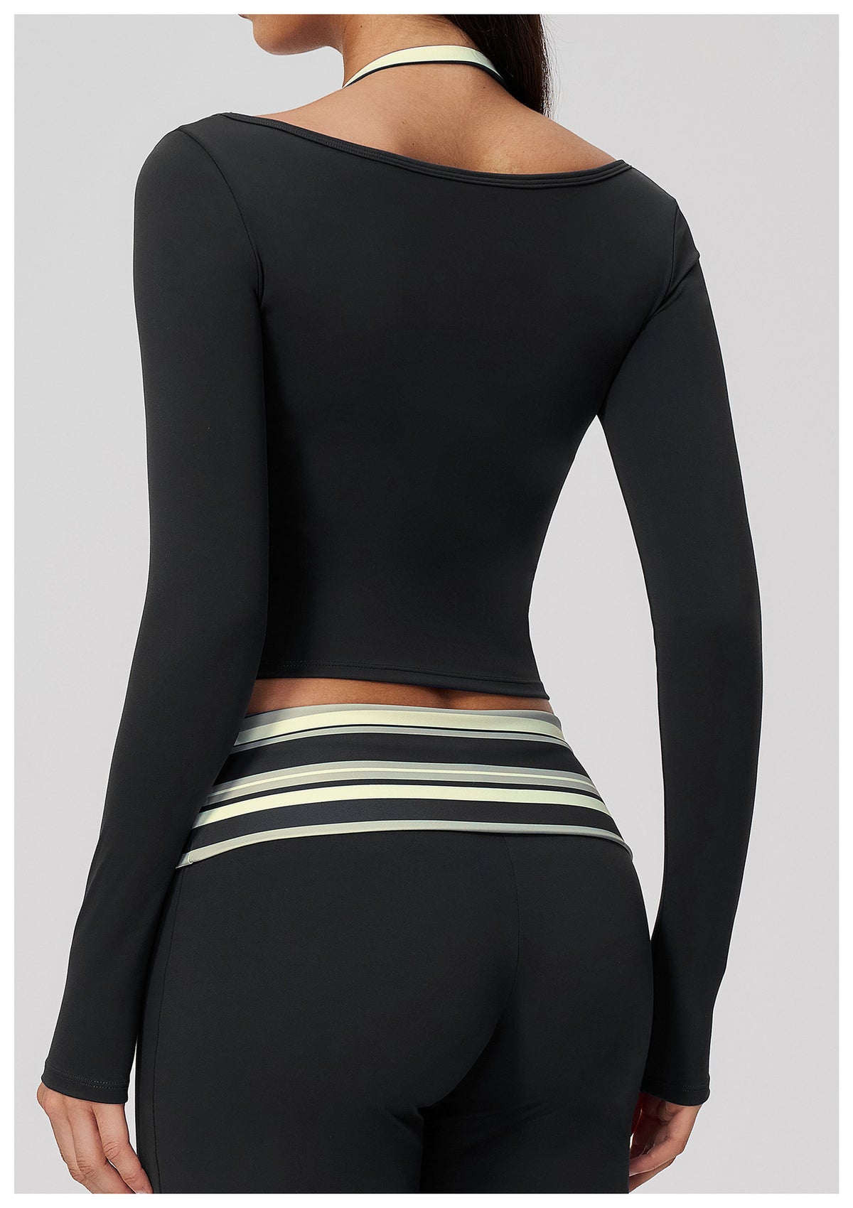 Women Halter Fake Two Piece Long Sleeve Yoga Top High Elastic Slim Fit Workout Sports Gym Active Shirt